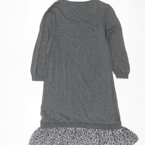 Next Women Grey Jumper Dress Size 10 3/4 Sleeve Ruffle Hem Knit
