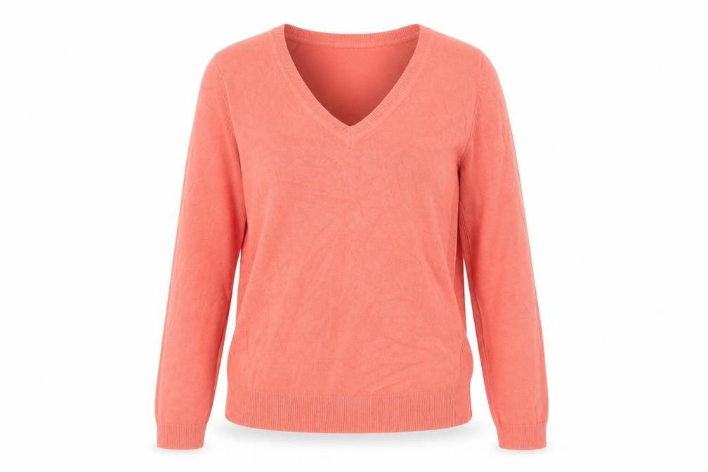 Front view of Marks & Spencer women’s pink acrylic v-neck jumper, size UK 8
