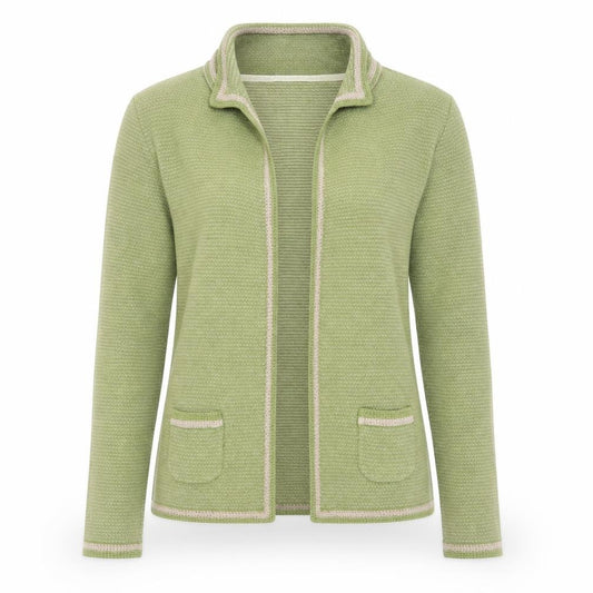 Front view of Ness Women's Green Cotton Knit Cardigan M Long Sleeve Collared