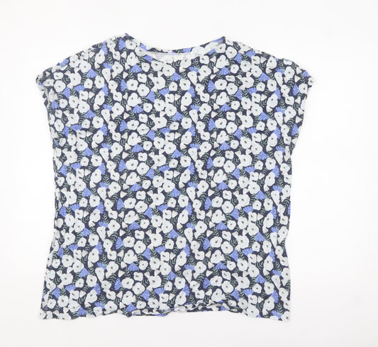 Uniqlo Women Blue Floral Cotton Short Sleeve T-Shirt XL