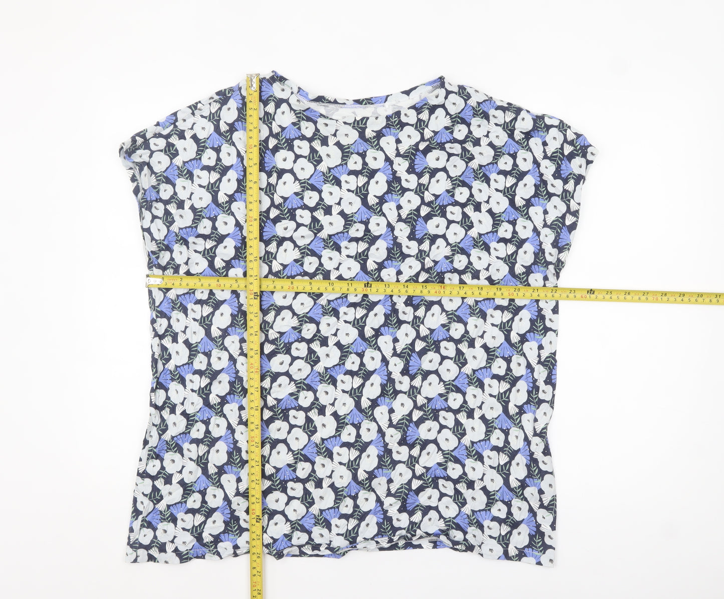 Uniqlo Women Blue Floral Cotton Short Sleeve T-Shirt XL
