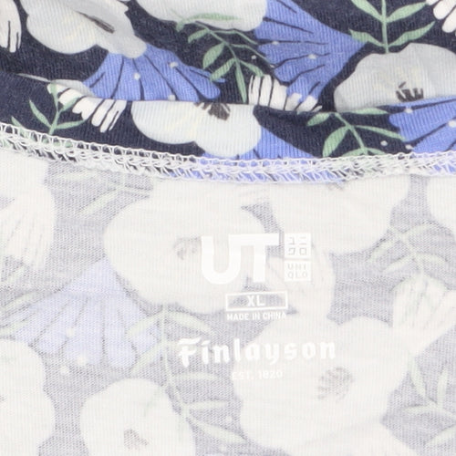 Uniqlo Women Blue Floral Cotton Short Sleeve T-Shirt XL