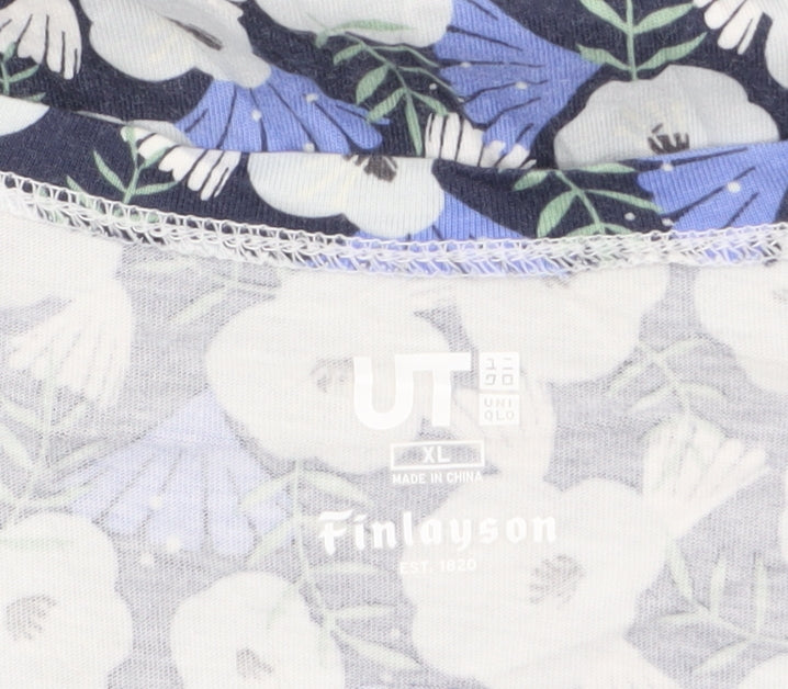 Uniqlo Women Blue Floral Cotton Short Sleeve T-Shirt XL