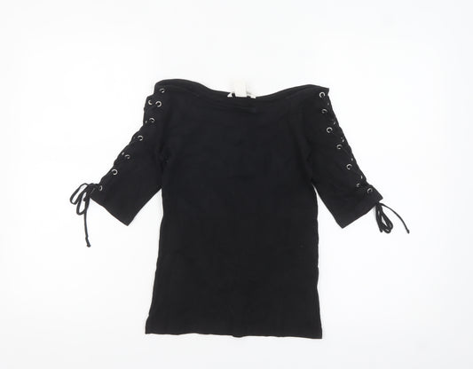 H&M Womens Black Off Shoulder Lace Up Short Sleeve Top XS
