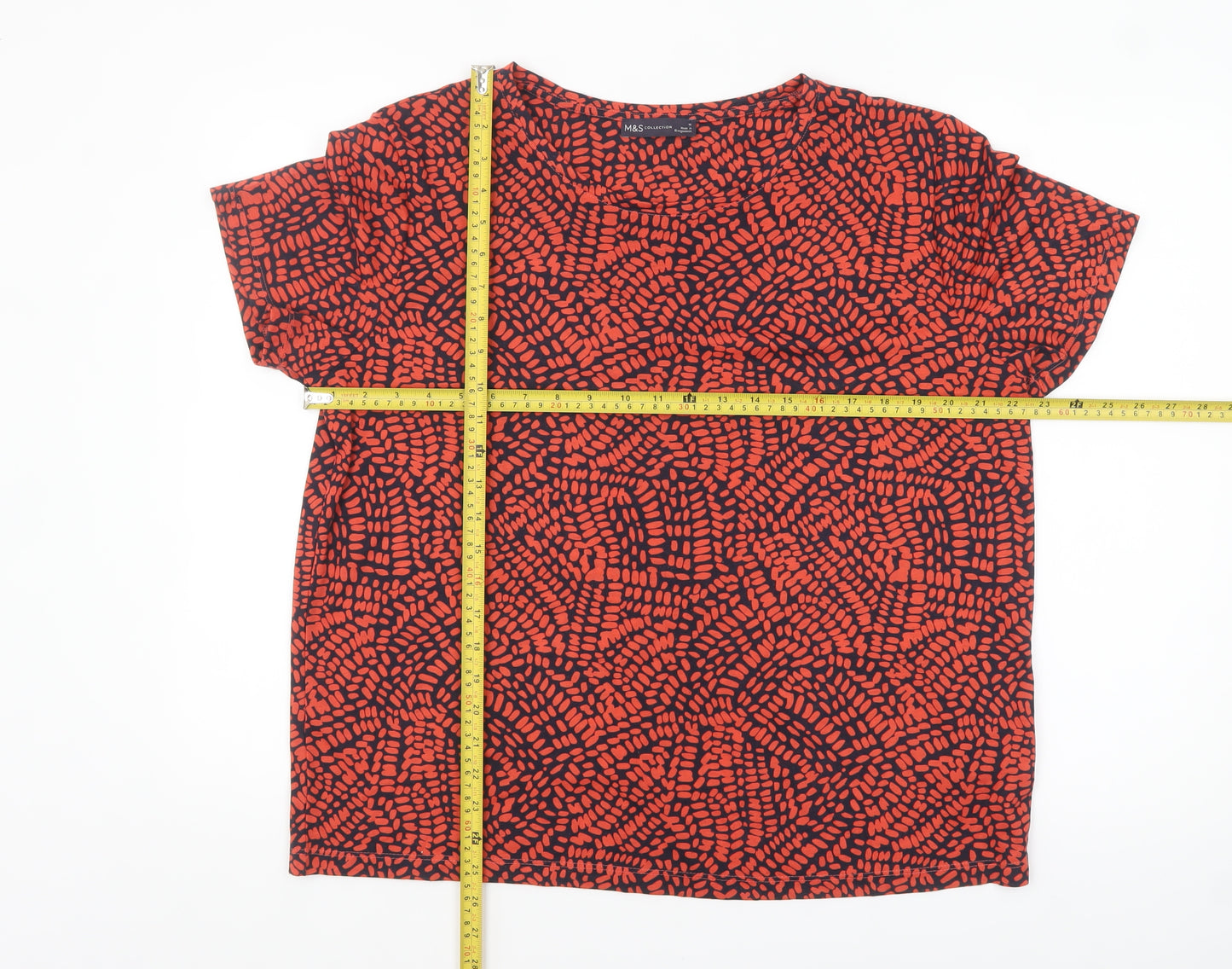 Marks and Spencer Women's Red Geometric Short Sleeve Polyester T-Shirt Size 16