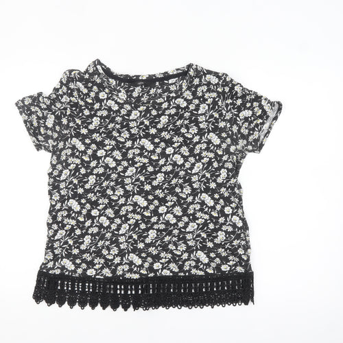 Next Womens Black Floral Crochet Hem Cotton T-Shirt Size 12