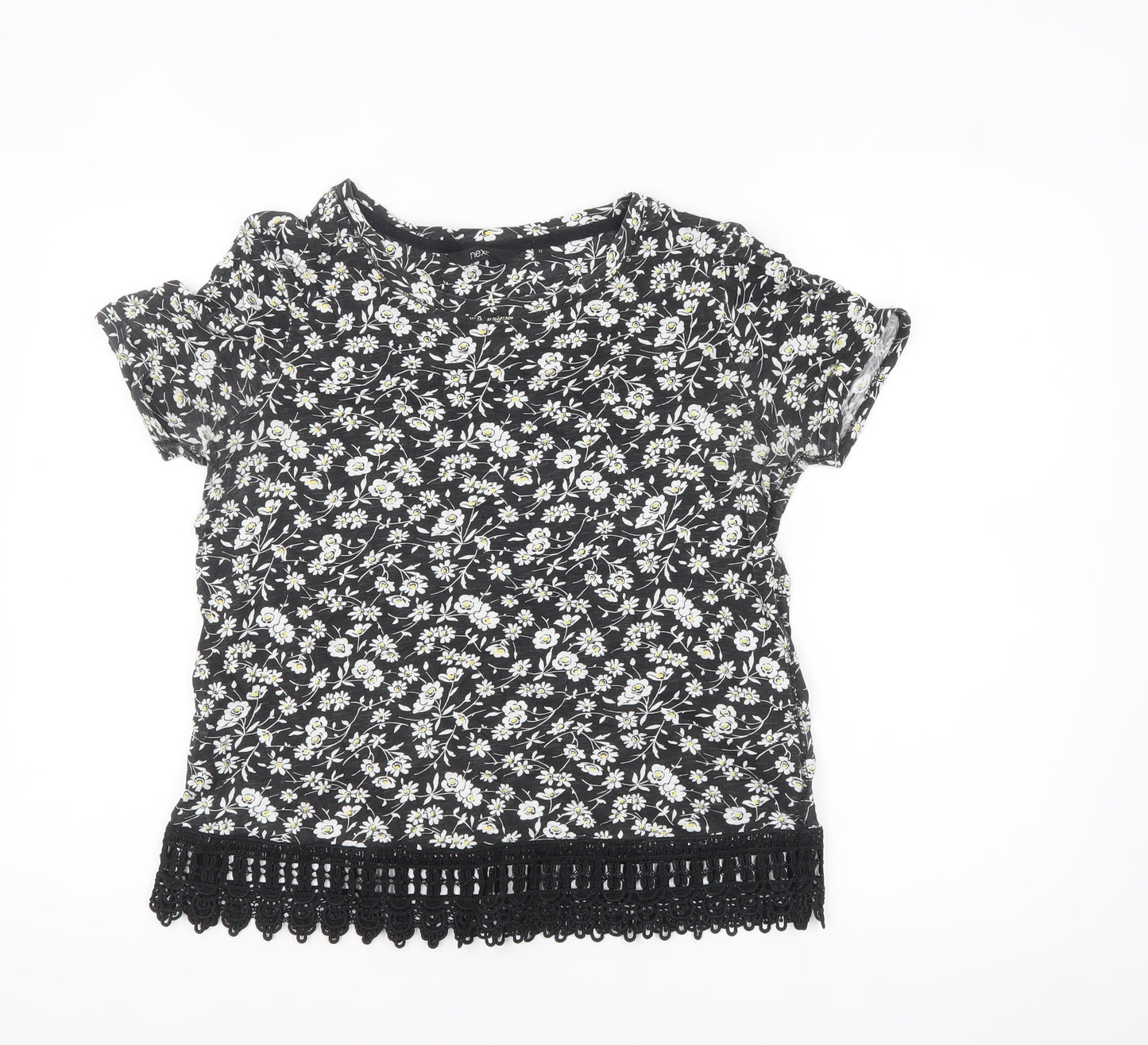 Next Womens Black Floral Crochet Hem Cotton T-Shirt Size 12
