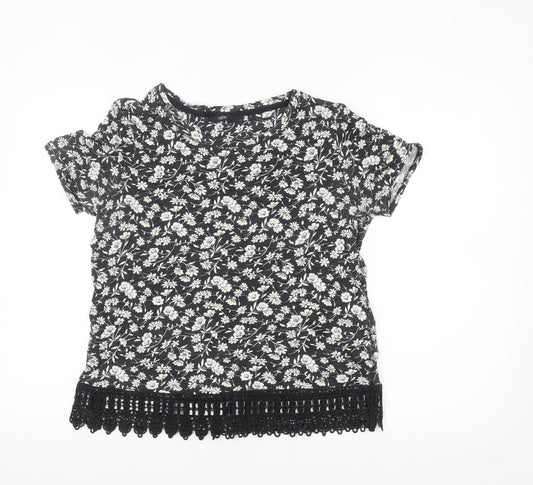 Next Womens Black Floral Crochet Hem Cotton T-Shirt Size 12
