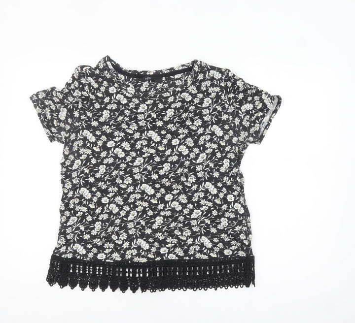 Next Womens Black Floral Crochet Hem Cotton T-Shirt Size 12
