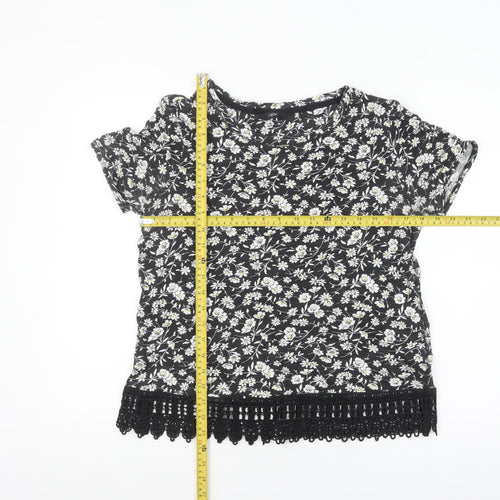 Next Womens Black Floral Crochet Hem Cotton T-Shirt Size 12