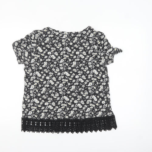 Next Womens Black Floral Crochet Hem Cotton T-Shirt Size 12