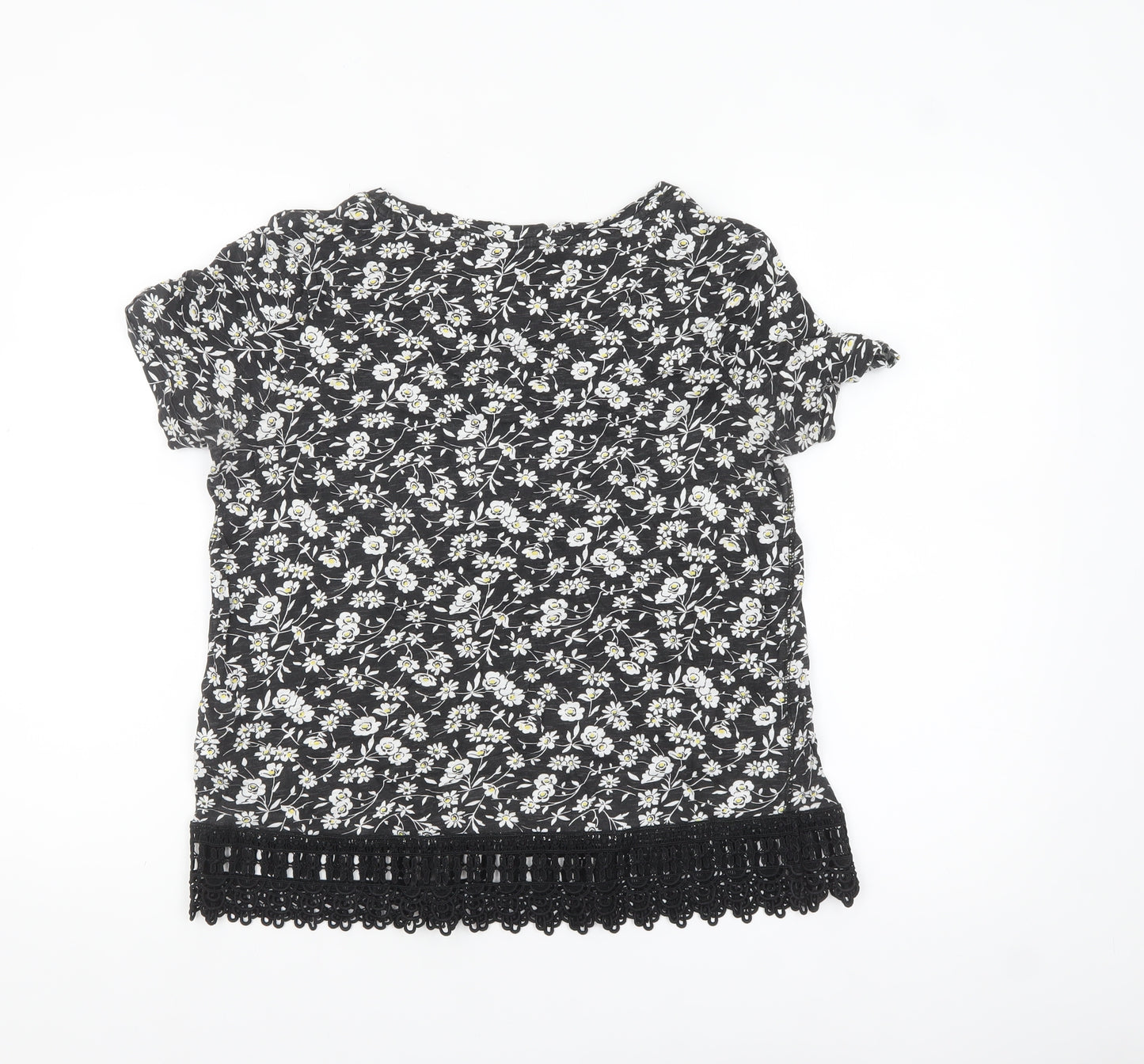 Next Womens Black Floral Crochet Hem Cotton T-Shirt Size 12