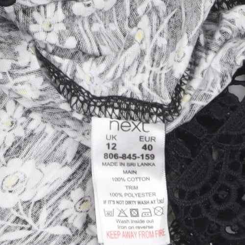 Next Womens Black Floral Crochet Hem Cotton T-Shirt Size 12