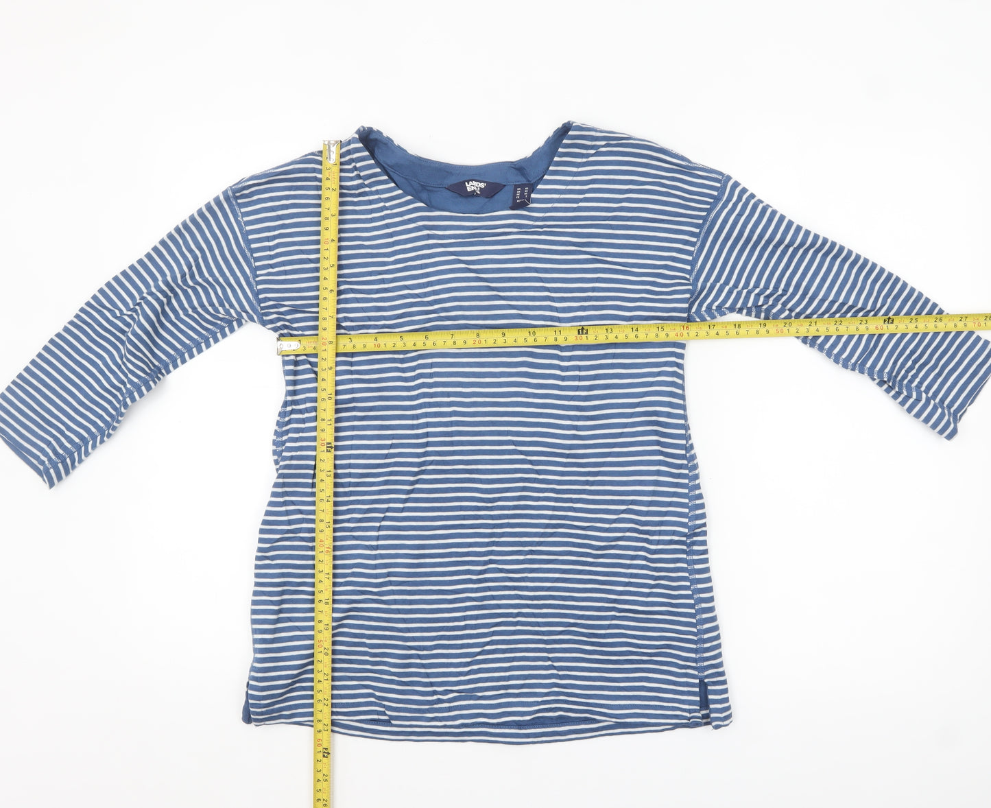 Lands' End Women's Blue Striped 3/4 Sleeve Cotton Petite T-Shirt XS