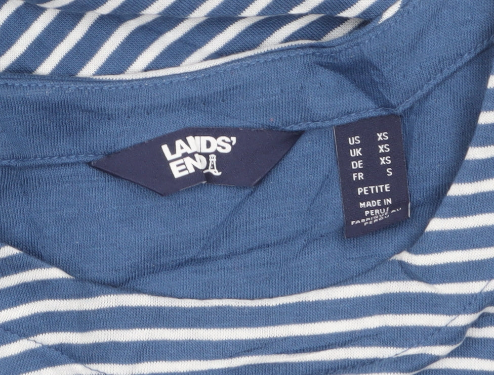 Lands' End Women's Blue Striped 3/4 Sleeve Cotton Petite T-Shirt XS