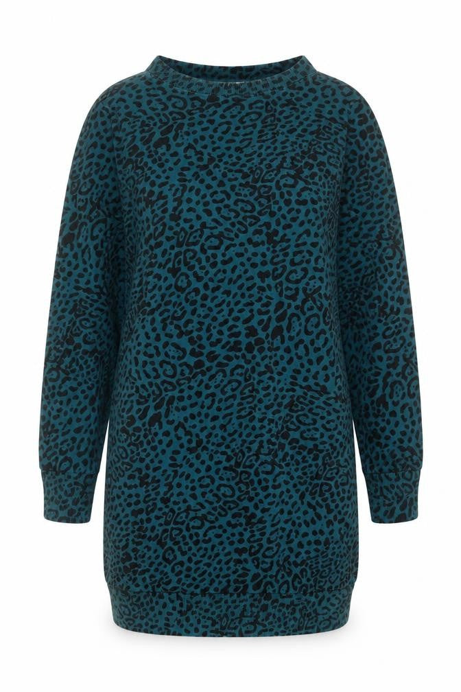 Front view of Nush women’s teal animal print cotton pullover sweatshirt, size UK 6