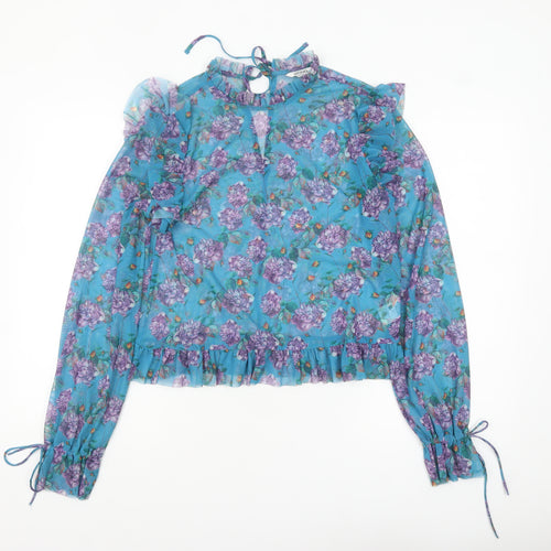 Monki Women’s Blue Floral Mesh Ruffle Long Sleeve Blouse Size S