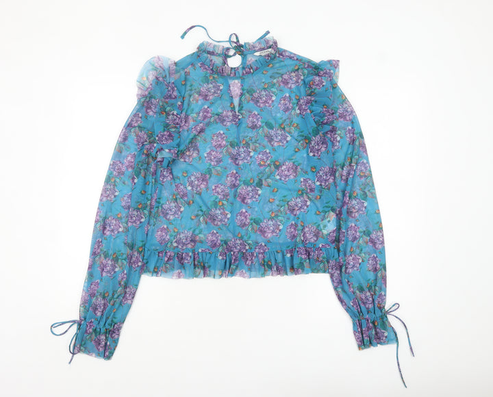 Monki Women’s Blue Floral Mesh Ruffle Long Sleeve Blouse Size S