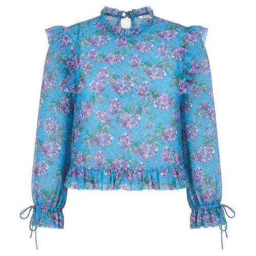 Monki Women’s Blue Floral Mesh Ruffle Long Sleeve Blouse Size S