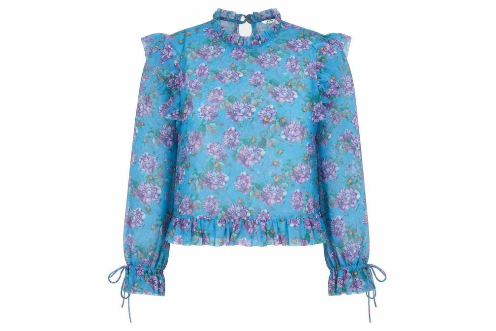 Monki Women’s Blue Floral Mesh Ruffle Long Sleeve Blouse Size S