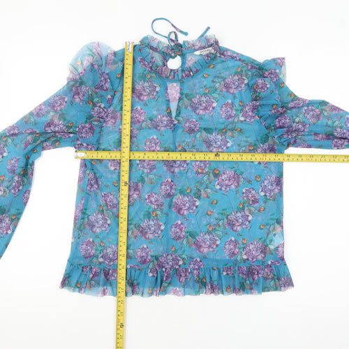 Monki Women’s Blue Floral Mesh Ruffle Long Sleeve Blouse Size S