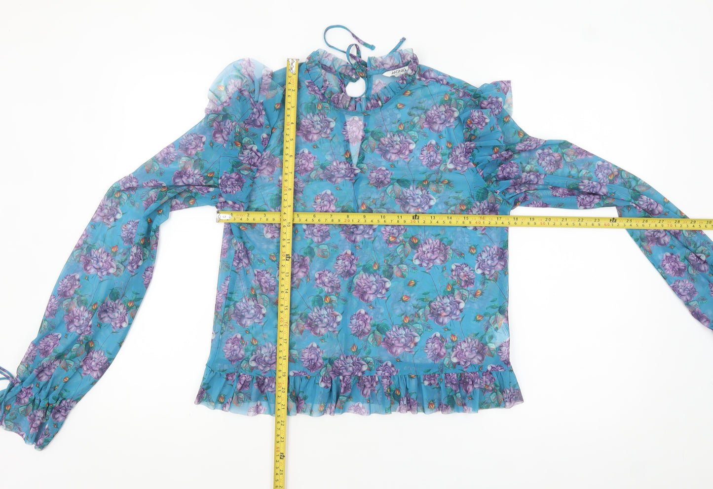 Monki Women’s Blue Floral Mesh Ruffle Long Sleeve Blouse Size S