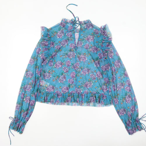 Monki Women’s Blue Floral Mesh Ruffle Long Sleeve Blouse Size S