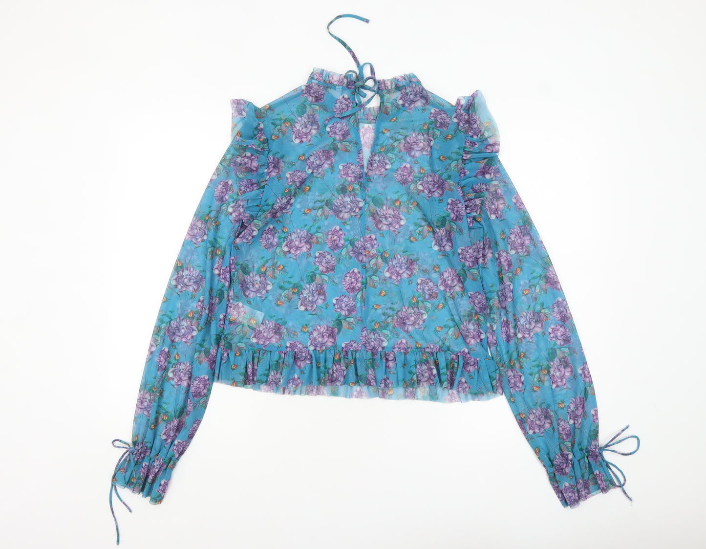 Monki Women’s Blue Floral Mesh Ruffle Long Sleeve Blouse Size S