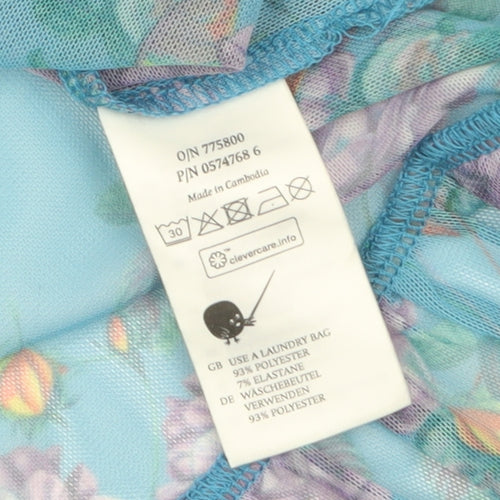 Monki Women’s Blue Floral Mesh Ruffle Long Sleeve Blouse Size S