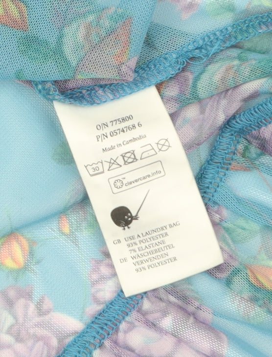 Monki Women’s Blue Floral Mesh Ruffle Long Sleeve Blouse Size S