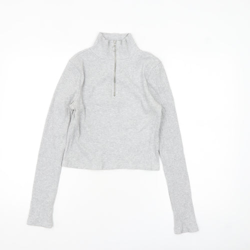 Topshop Women's Grey Cropped Ribbed Half Zip High Neck Top Size 8