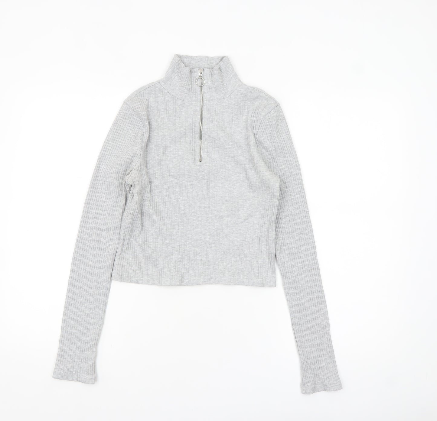 Topshop Women's Grey Cropped Ribbed Half Zip High Neck Top Size 8