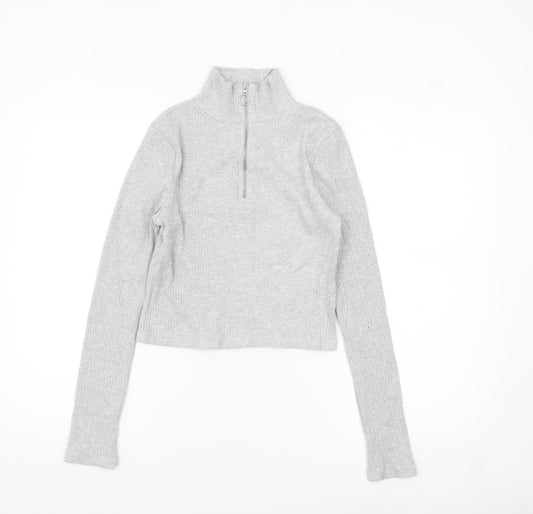Topshop Women's Grey Cropped Ribbed Half Zip High Neck Top Size 8