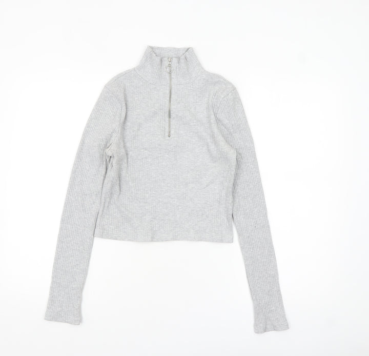 Topshop Women's Grey Cropped Ribbed Half Zip High Neck Top Size 8