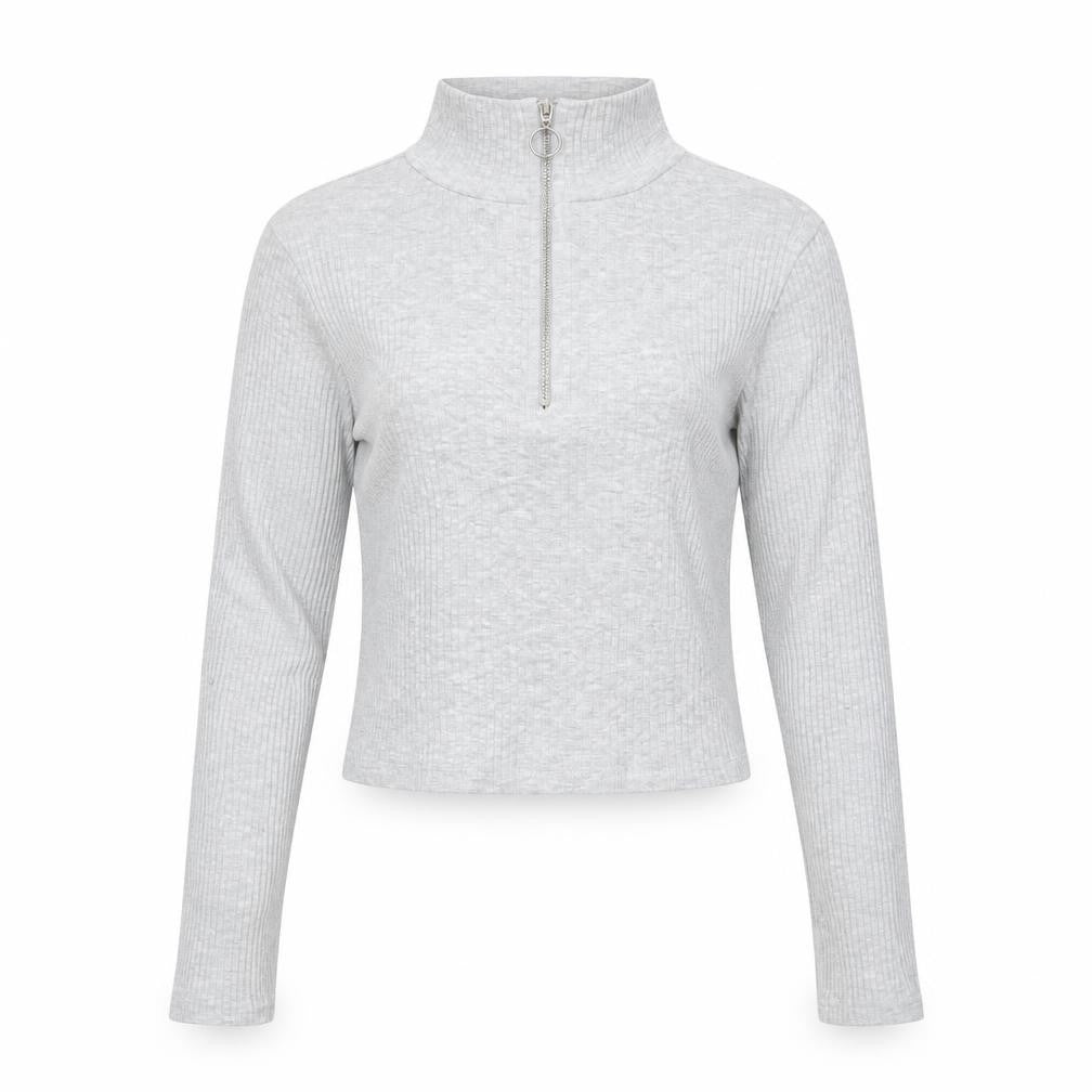 Front view of Topshop Women's Grey Cropped Ribbed Half Zip High Neck Top, size 8