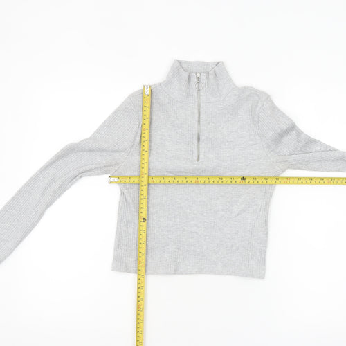 Topshop Women's Grey Cropped Ribbed Half Zip High Neck Top Size 8