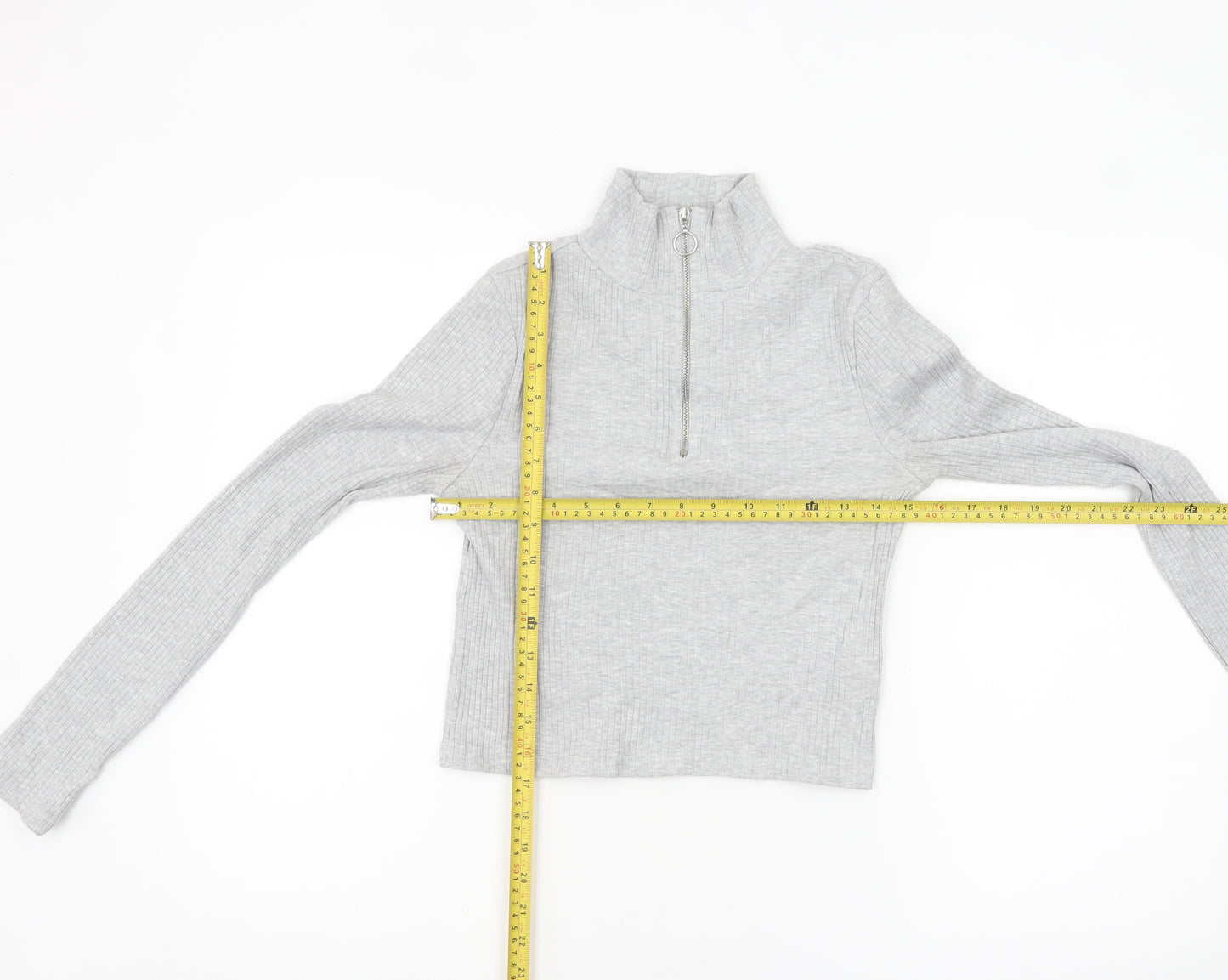Topshop Women's Grey Cropped Ribbed Half Zip High Neck Top Size 8