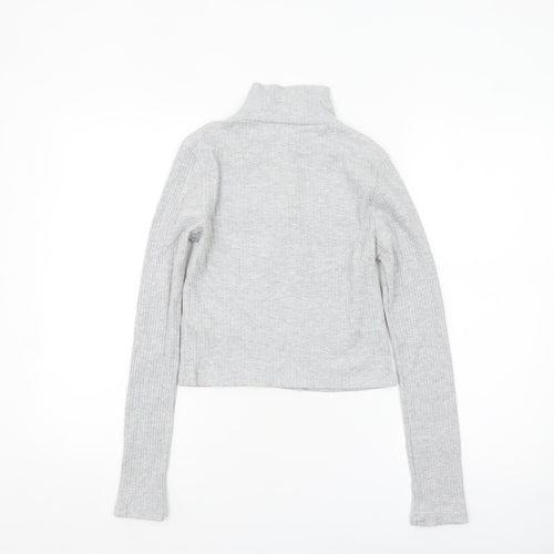 Topshop Women's Grey Cropped Ribbed Half Zip High Neck Top Size 8