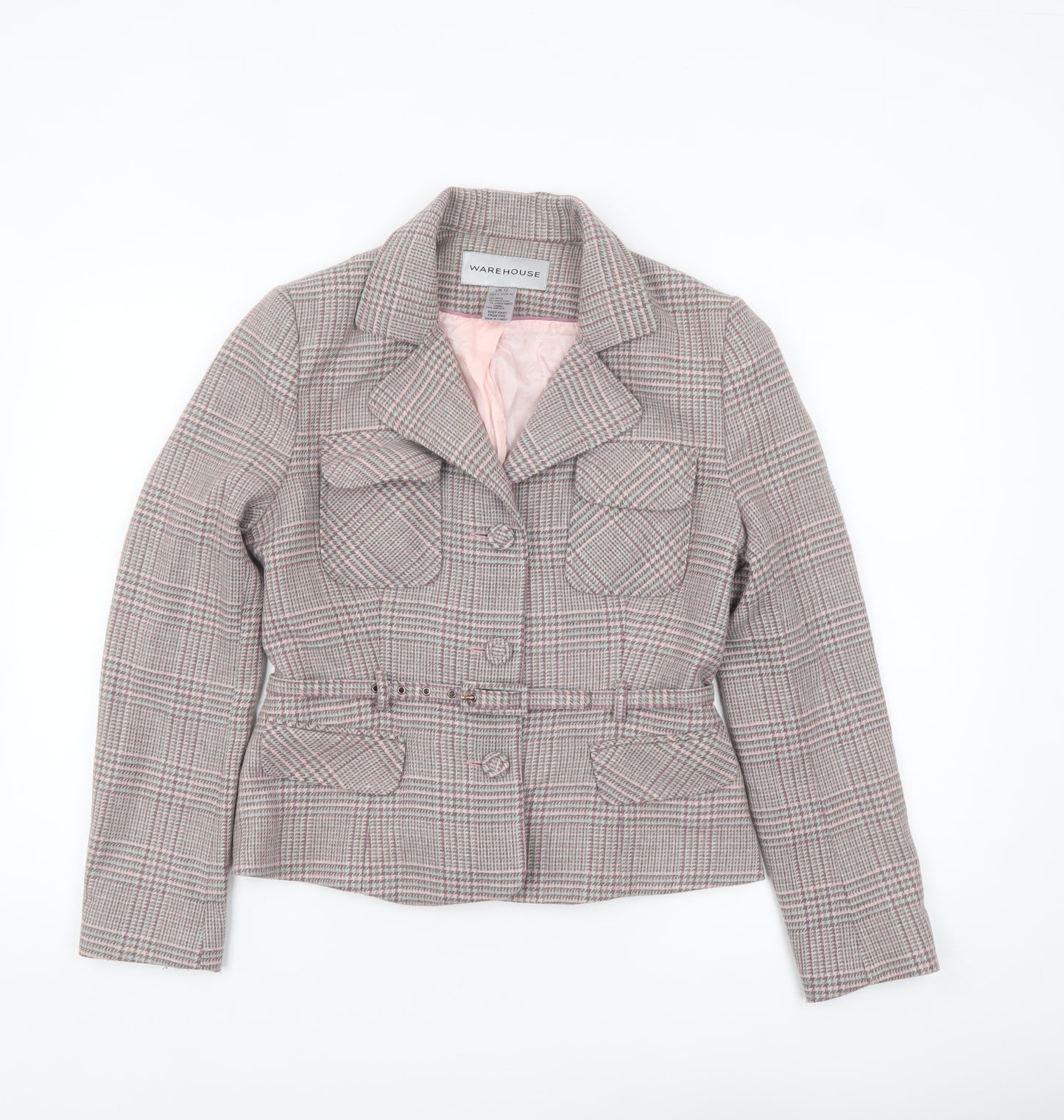 Warehouse Women's Grey Checked Wool Blend Suit Jacket UK 12 Belted
