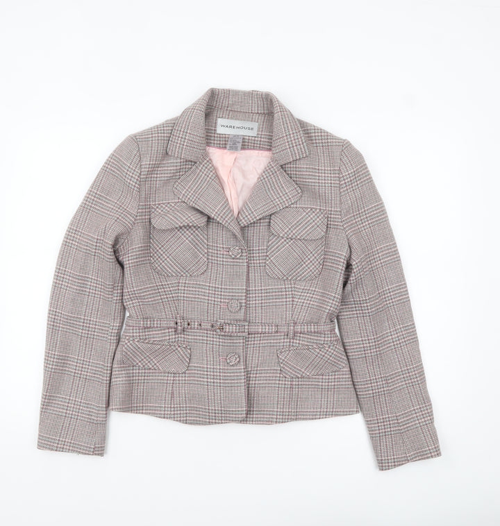 Warehouse Women's Grey Checked Wool Blend Suit Jacket UK 12 Belted