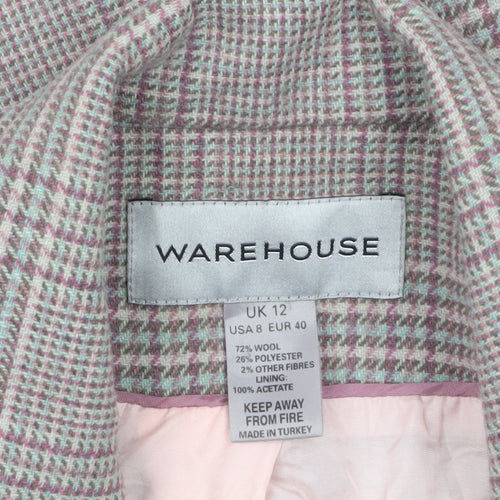 Warehouse Women's Grey Checked Wool Blend Suit Jacket UK 12 Belted