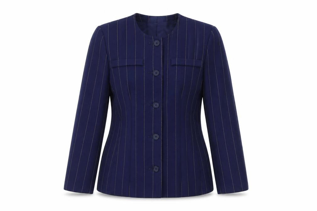 Front view of Alexon Women Navy Blue Pinstripe Wool Suit Jacket, size 10, UK