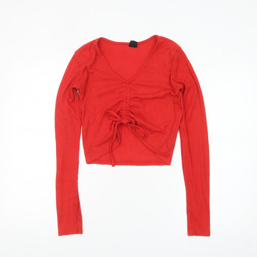Urban Outfitters Women's Red Cropped V-Neck Long Sleeve Top M