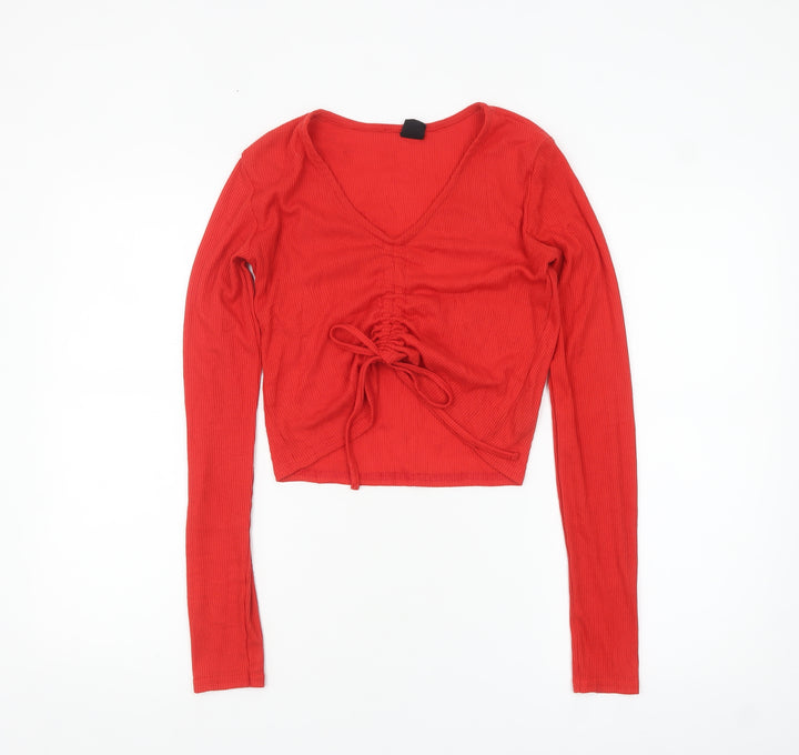 Urban Outfitters Women's Red Cropped V-Neck Long Sleeve Top M