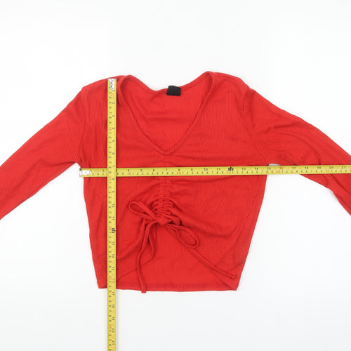 Urban Outfitters Women's Red Cropped V-Neck Long Sleeve Top M