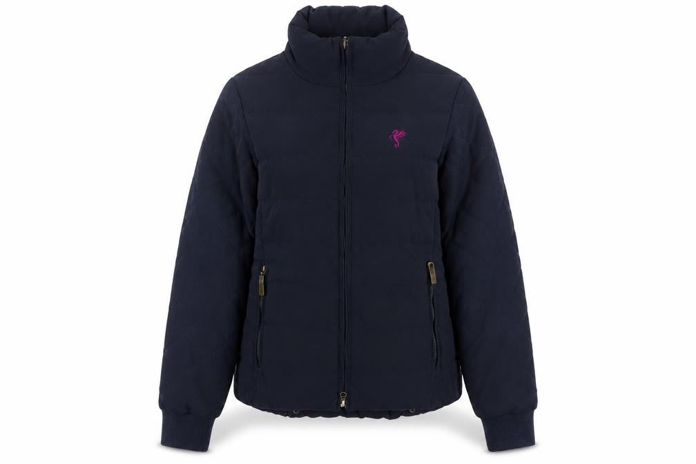 Front view of Puffa Women's Blue Quilted Puffer Jacket, size 8, Full Zip Warm