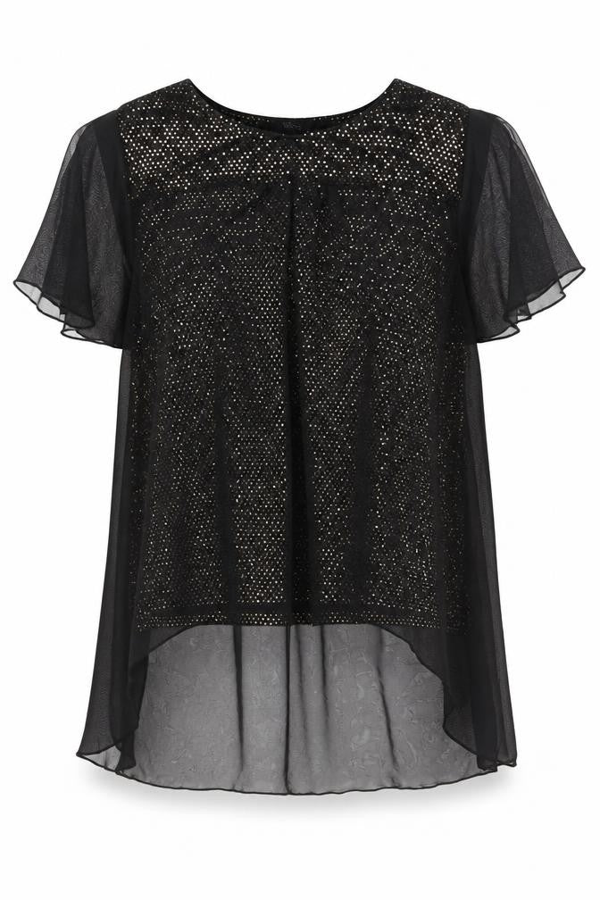 Front view of Klass women’s black sequin tunic blouse, size UK 22, party top