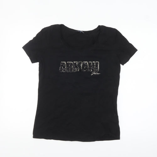Armani Jeans Women's Black Sequin Logo Slim Fit T-Shirt Size 14