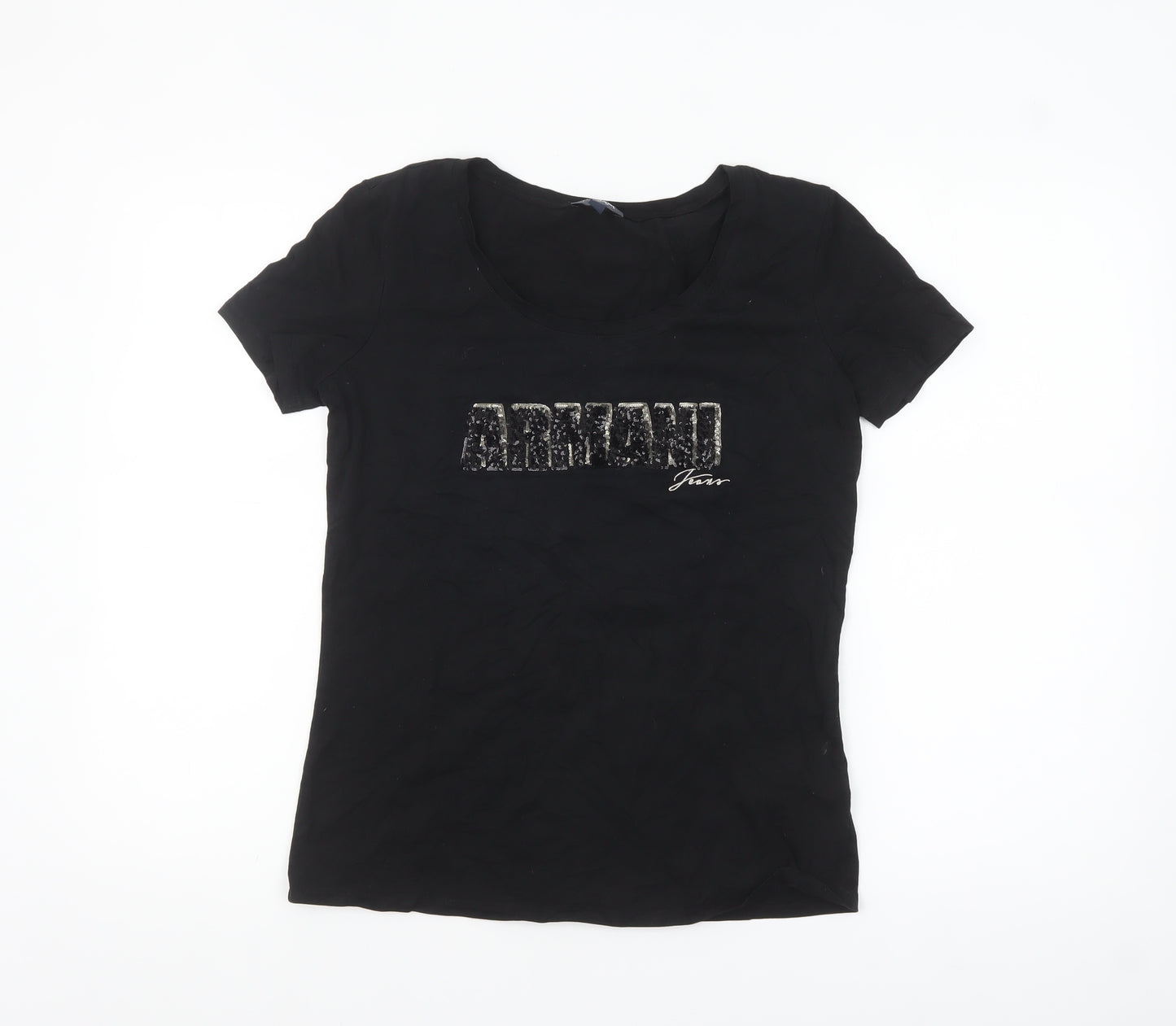 Armani Jeans Women's Black Sequin Logo Slim Fit T-Shirt Size 14