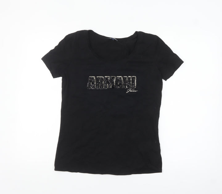 Armani Jeans Women's Black Sequin Logo Slim Fit T-Shirt Size 14